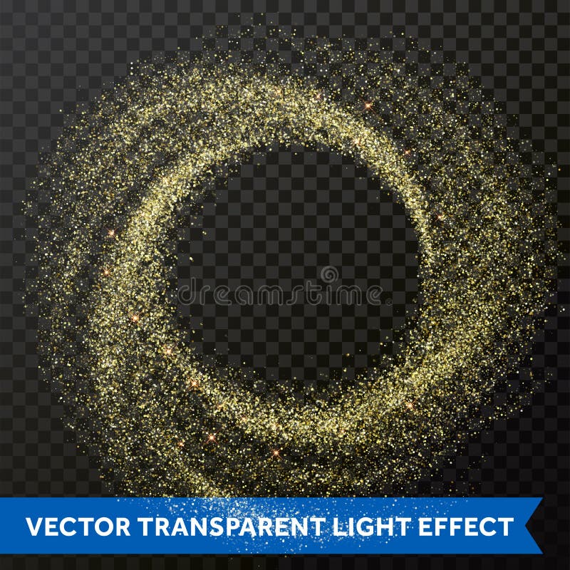 Gold glitter particles swirl or circle spin effect on transparent background. Vector sparkling shining light twirl of glowing glittering particles or space star dust with stardust space glow texture. Gold glitter particles swirl or circle spin effect on transparent background. Vector sparkling shining light twirl of glowing glittering particles or space star dust with stardust space glow texture