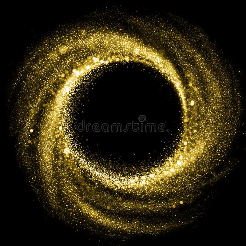 Gold glitter particle swirl circle effect. Sparkling light twirl of glowing glittering particles whirl texture. Space star dust round shine or wind wave spin with glow tail on black background. Gold glitter particle swirl circle effect. Sparkling light twirl of glowing glittering particles whirl texture. Space star dust round shine or wind wave spin with glow tail on black background