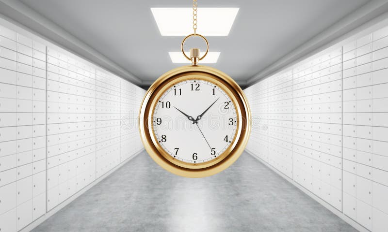 A gold pocket watch on the chain in a room with safe deposit boxes. A concept of storing of important documents or valuables in a safe and secure environment. 3D rendering. A gold pocket watch on the chain in a room with safe deposit boxes. A concept of storing of important documents or valuables in a safe and secure environment. 3D rendering.