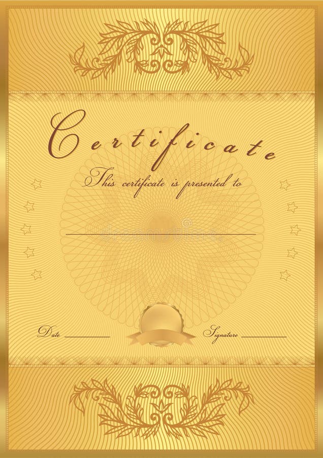Certificate, Diploma of completion (design template, background) with abstract pattern, gold border (frame), insignia. Useful for: Certificate of Achievement, Certificate of education, awards. Certificate, Diploma of completion (design template, background) with abstract pattern, gold border (frame), insignia. Useful for: Certificate of Achievement, Certificate of education, awards