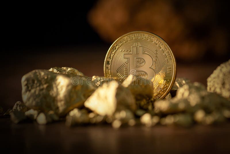 Złota bitcoina fizyczna bitcoina kryptowaluta i złote ziarna nugget fotografia stock