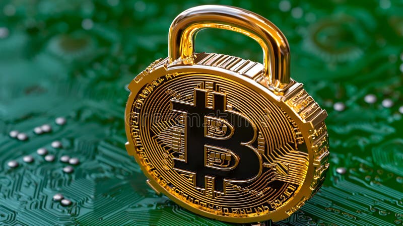 Złota Bitcoina Padlock na tablicy zielonego obwodu ilustracji