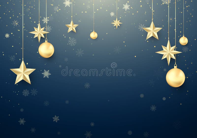 Złota Bożego Narodzenia kula i gwiazdy Tło dekoracji noworocznej Płatki śniegu Szablon karty powitalnej Happy New Year Wektor