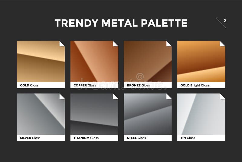 Gold, copper, bronze and silver gradient template. Collection palette of colorful metallic gradient illustrations with gloss for backgrounds, textures. Realistic metallic palettes. Vector Illustration. Gold, copper, bronze and silver gradient template. Collection palette of colorful metallic gradient illustrations with gloss for backgrounds, textures. Realistic metallic palettes. Vector Illustration