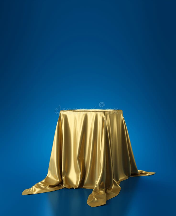 Złota luksusowa tkanina lub tkanina umieszczona na szczycie lub pustej półce podium na niebieskim tle z koncepcją luksusu. muzeum royalty ilustracja