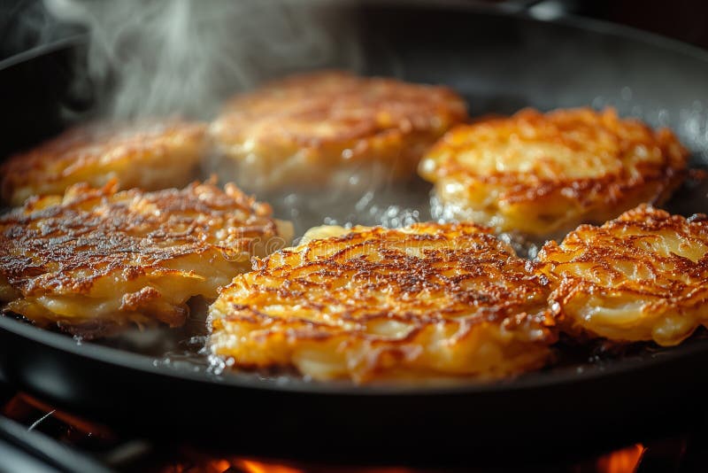 Złote chrupiące latkes smażące się w pandndash tradycyjne naleśniki ziemniaczane hanukkah idealnie nadają się do świąt royalty ilustracja