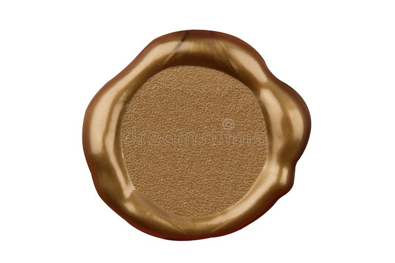 Top view of empty golden wax plastic seal with gold foil and copyspace isolated on white background. Top view of empty golden wax plastic seal with gold foil and copyspace isolated on white background