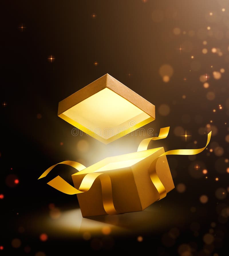 Złoto prezenta otwarty pudełko z magicznym światłem royalty ilustracja Złoto prezenta otwarty pudełko z magicznym światłem royalty ilustracja
