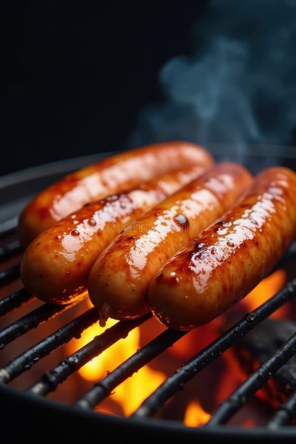 Złotobrązowe kiełbasy grillujące z tłuszczem na ogniu grill party wieprzowina ilustracja wektor