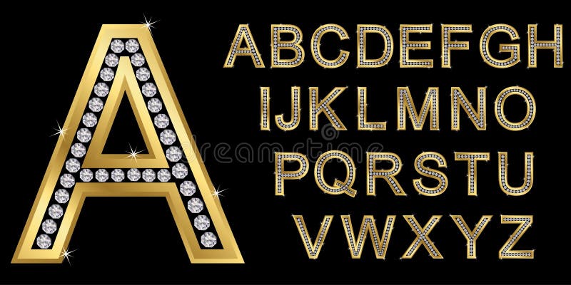 Golden alphabet with diamonds, letters from A to Z, vector. Golden alphabet with diamonds, letters from A to Z, vector