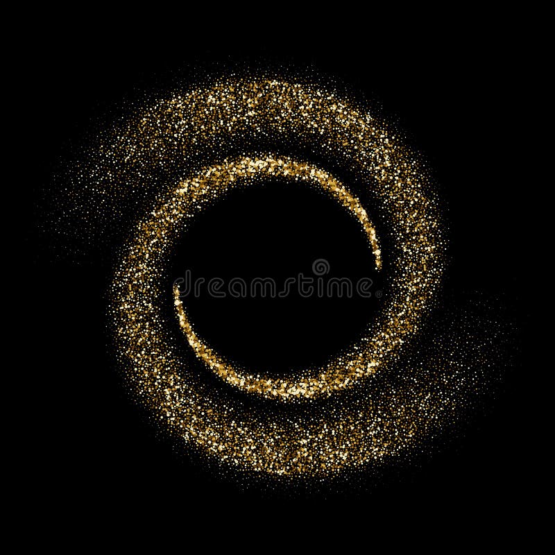 Golden circles whirl of glitter particles. Vector twirl waves of comet trace in space sparkling black background with gold flare twirl or twist effect for luxury premium design. Golden circles whirl of glitter particles. Vector twirl waves of comet trace in space sparkling black background with gold flare twirl or twist effect for luxury premium design