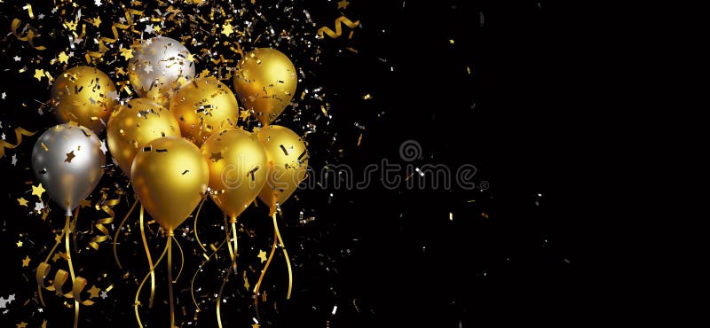 Złoty i srebrny balon z folią konfetti spadające na czarne tło 3d renderować ilustracja wektor