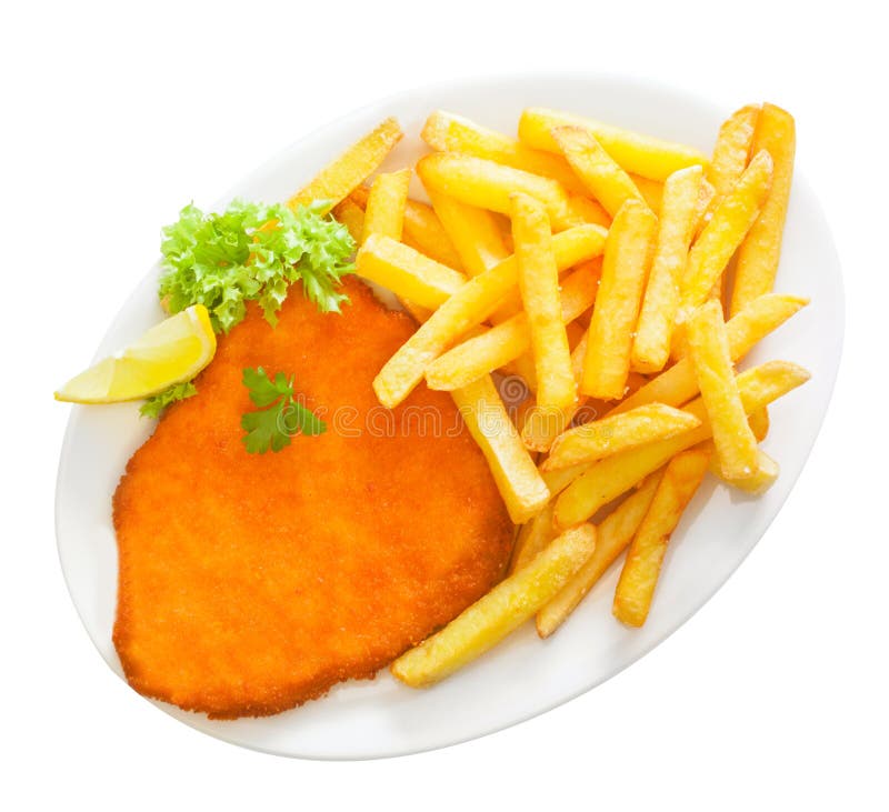 Złoty kruszący cielęciny schnitzel z frytkami zdjęcie royalty free Złoty kruszący cielęciny schnitzel z frytkami zdjęcie royalty free