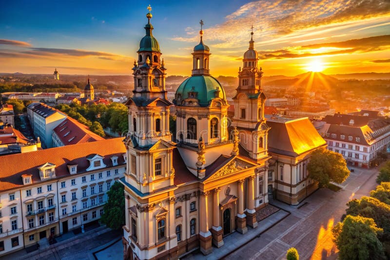 Złoty poświata godzinowa na architekturze Majestic Historic Structure Splendor at Dawn royalty ilustracja