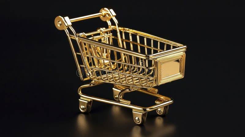 Złoty wózek miniaturowy na czarnym tle. Obraz przedstawia miniaturowy złoty koszyk ustawiony na czarnym tle przedstawiającym tematy luksusowego handlu i współczesnych trendów konsumenckich