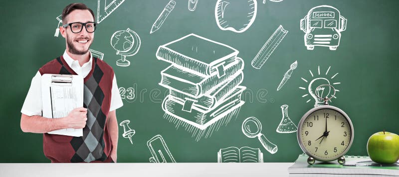 Złożony wizerunek geeky mężczyzna mienia schowek w kamizelce zdjęcia royalty free Złożony wizerunek geeky mężczyzna mienia schowek w kamizelce zdjęcia royalty free