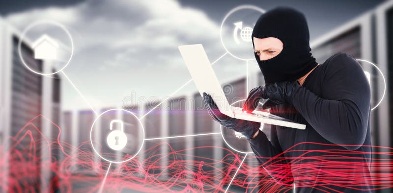 Złożony wizerunek hacker używa laptop kraść tożsamość zdjęcia royalty free Złożony wizerunek hacker używa laptop kraść tożsamość zdjęcia royalty free