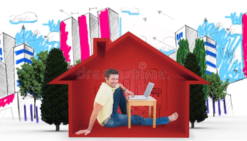 Złożony wizerunek uśmiechnięty mężczyzna używa laptop obraz stock Złożony wizerunek uśmiechnięty mężczyzna używa laptop obraz stock