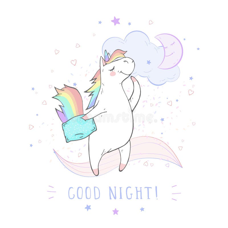 ¡Ejemplo del vector del unicornio lindo exhausto de la mano con la almohada y el texto - BUENAS NOCHES! libre illustration ¡Ejemplo del vector del unicornio lindo exhausto de la mano con la almohada y el texto - BUENAS NOCHES! libre illustration