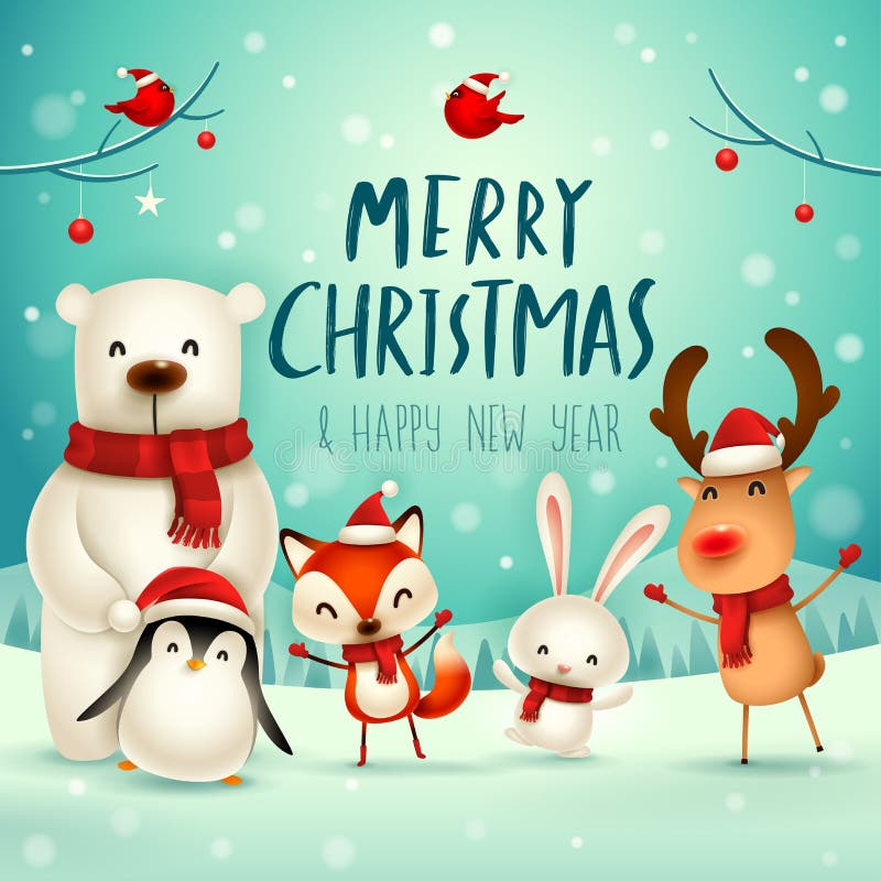 ¡Feliz Navidad y Feliz Año Nuevo! Carácter lindo de los animales de la Navidad Compañeros de la feliz Navidad ilustración del vector