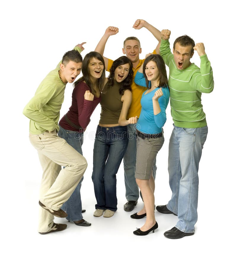 Group of 6 happy teenagers. They're standing with hands up and shouting. White background. Whole bodies visible. Group of 6 happy teenagers. They're standing with hands up and shouting. White background. Whole bodies visible.