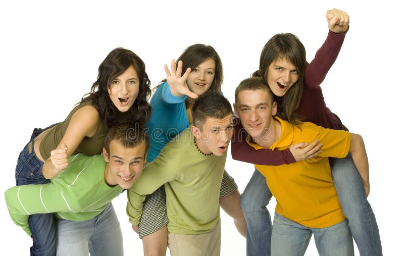 Group of 6 happy teenagers. There're 3 couples. Boys are pick-a-backing girls. White background. Group of 6 happy teenagers. There're 3 couples. Boys are pick-a-backing girls. White background.