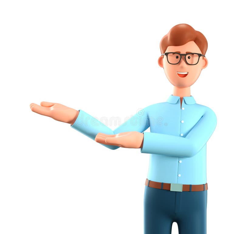 3D illustration of joyful man pointing hands at direction. Close up portrait of cartoon cheerful businessman with eyeglasses and blue shirt, isolated on white background. Presentation concept. 3D illustration of joyful man pointing hands at direction. Close up portrait of cartoon cheerful businessman with eyeglasses and blue shirt, isolated on white background. Presentation concept