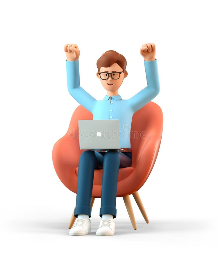 3D illustration of happy man with laptop sitting in armchair and throwing his hands up in the air. Cartoon joyful businessman celebrating success, working in office and using social networks. 3D illustration of happy man with laptop sitting in armchair and throwing his hands up in the air. Cartoon joyful businessman celebrating success, working in office and using social networks