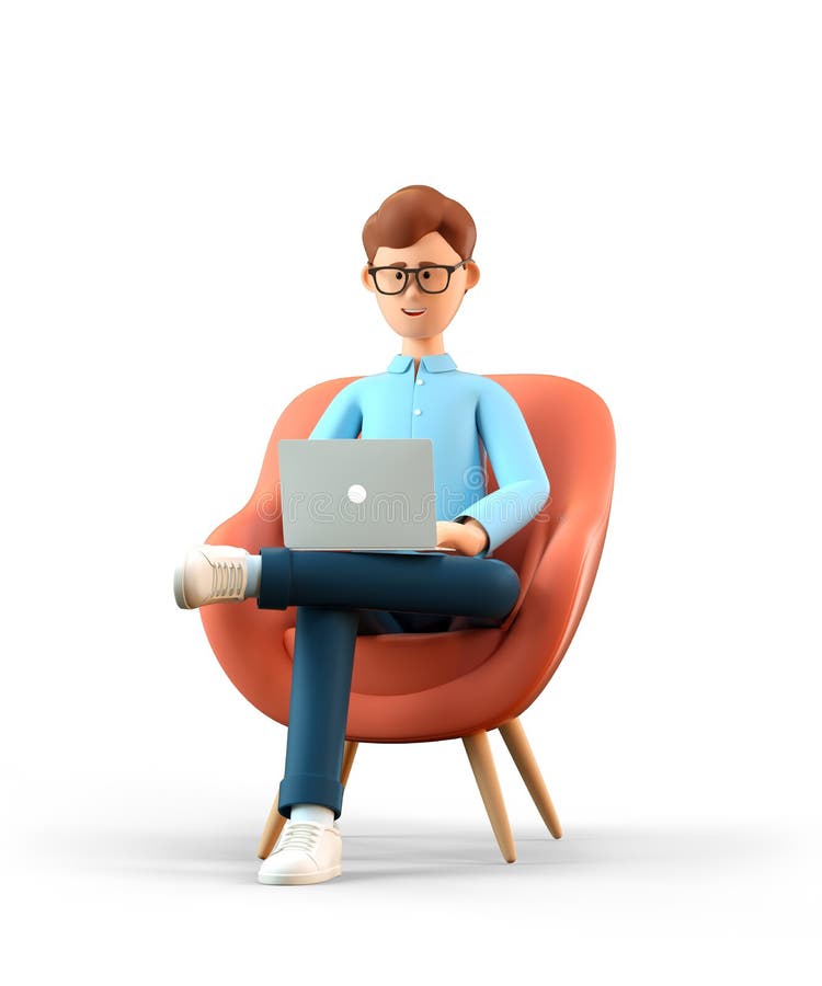 3D illustration of smiling happy man with laptop sitting in armchair. Cartoon businessman working in office and using social networks, isolated on white background. 3D illustration of smiling happy man with laptop sitting in armchair. Cartoon businessman working in office and using social networks, isolated on white background