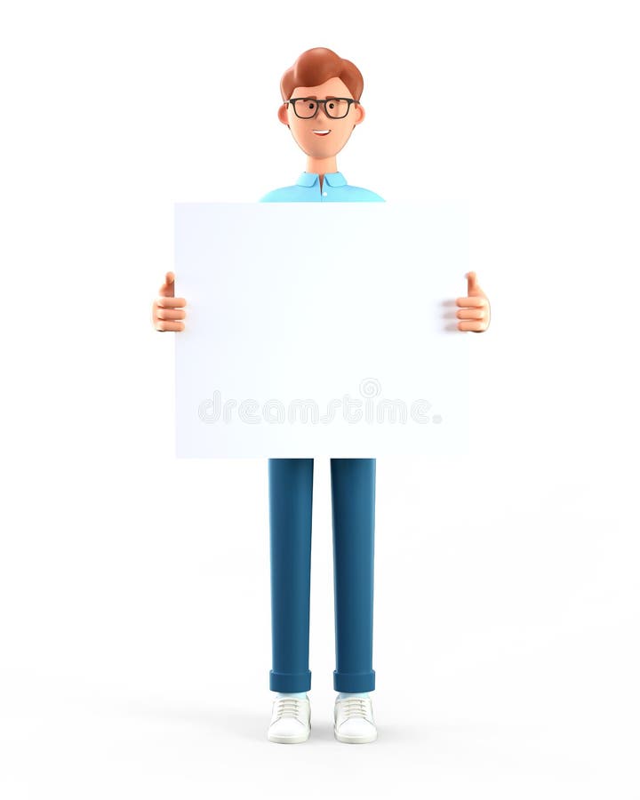 3D illustration of smiling happy businessman holding white blank board. Portrait of cartoon standing man showing banner, advertising poster, isolated on white background. 3D illustration of smiling happy businessman holding white blank board. Portrait of cartoon standing man showing banner, advertising poster, isolated on white background