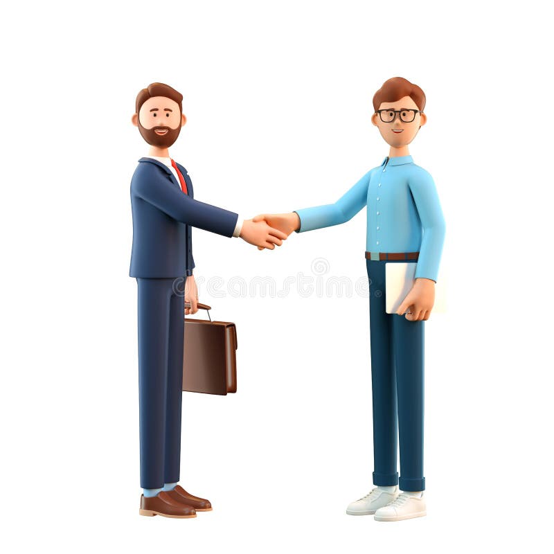 3D illustration of business handshake. Cute cartoon smiling man with laptop and bearded businessman with briefcase standing and shaking hands. Successful agreement, deal concept. 3D illustration of business handshake. Cute cartoon smiling man with laptop and bearded businessman with briefcase standing and shaking hands. Successful agreement, deal concept