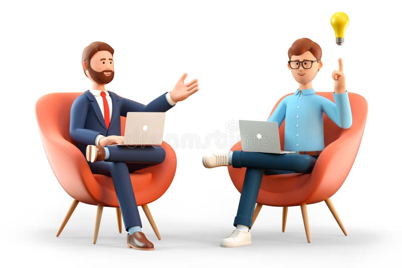 3D illustration of startup concept and business agreement. Two men with laptops,  sitting in armchairs and creating new innovation ideas. Cartoon man with bulb overhead and investing businessman. 3D illustration of startup concept and business agreement. Two men with laptops,  sitting in armchairs and creating new innovation ideas. Cartoon man with bulb overhead and investing businessman