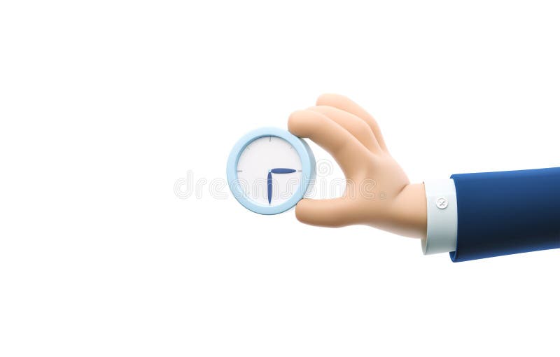 Cartoon businessman character hand holding a watch. 3d illustration. Cartoon businessman character hand holding a watch. 3d illustration.