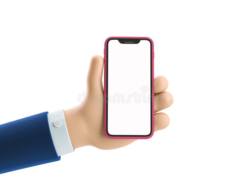 Cartoon businessman character hand holding a phone with white screen. 3d illustration. Cartoon businessman character hand holding a phone with white screen. 3d illustration.