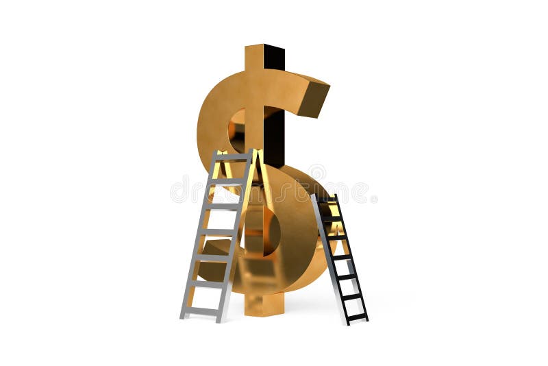 3. ª representación de signo de dólar en color dorado con escalera stock de ilustración