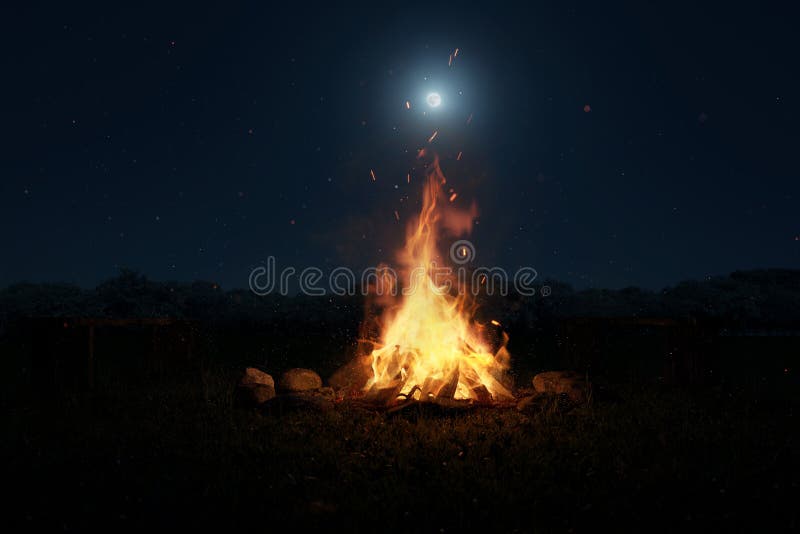 3d rendering of big bonfire with sparks and particles in front of forest and moonlight. 3d rendering of big bonfire with sparks and particles in front of forest and moonlight.