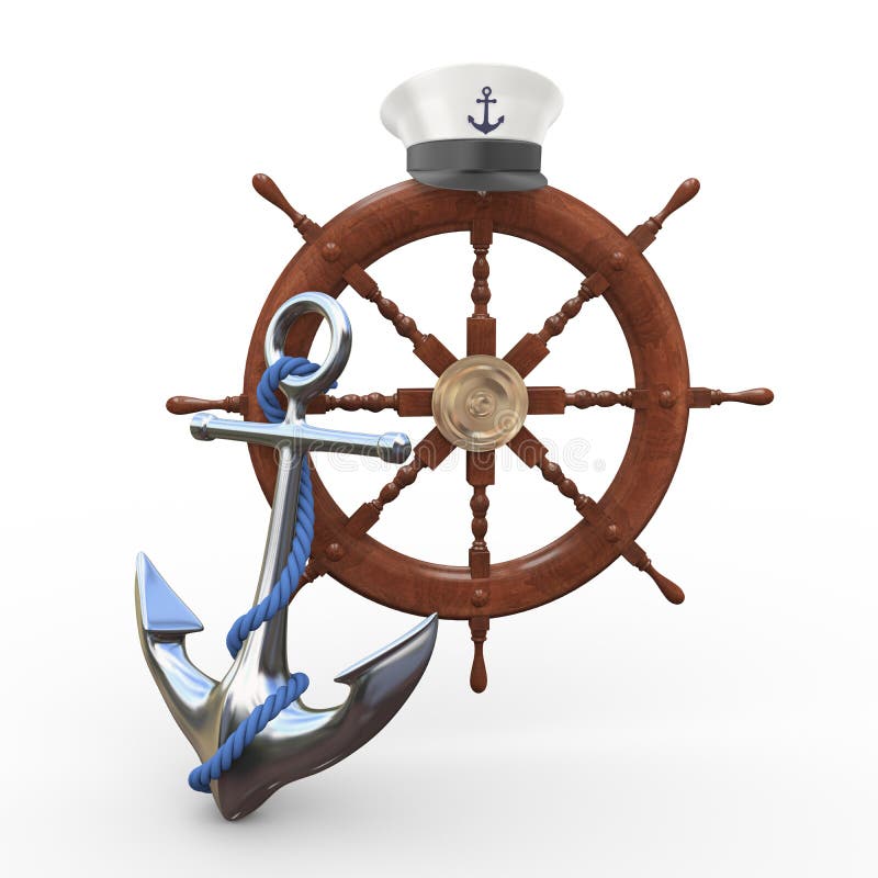 3d illustration of captain cap on classical wooden ship boat steering wheel with shiny steel anchor. 3d illustration of captain cap on classical wooden ship boat steering wheel with shiny steel anchor