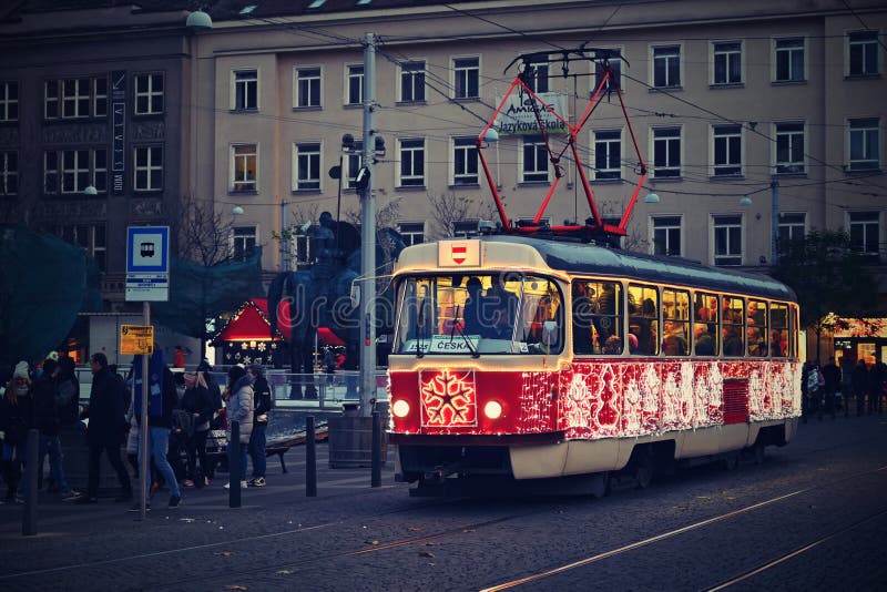 1 December 2019 Brno. Christmas holidays and a beautiful old tram in the city center of Brno. 1 December 2019 Brno. Christmas holidays and a beautiful old tram in the city center of Brno.