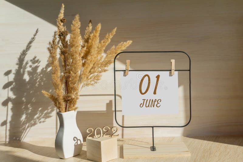 1° giugno giorno del calendario del mese. vaso bianco con legno morto accanto ai numeri 2022 e con un vuoto