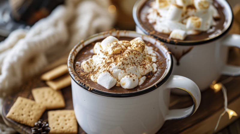 à côté de la cheminée et profiter de cette décadente smores chocolat chaud. fait avec du cacao velouté riche gooey melé marshmallo photo stock