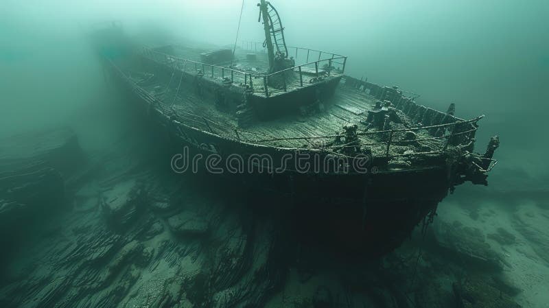 Through the depths, the ghostly outline of a medieval shipwreck emerges, a silent witness to by. AI generated. Through the depths, the ghostly outline of a medieval shipwreck emerges, a silent witness to by. AI generated