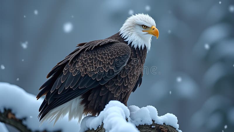 Águila calva encaramada en rama nevada stock de ilustración