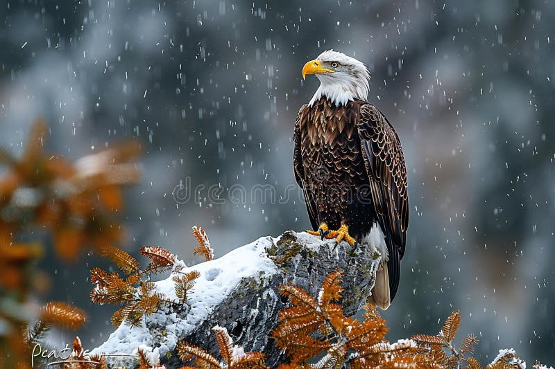 Águila calva encaramada en una rama de un árbol en la lluvia libre illustration