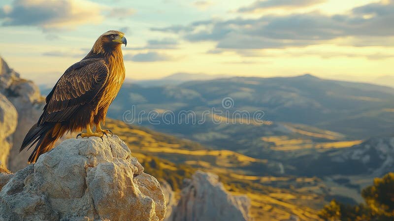 águila dorada encaramada en una cima de montaña stock de ilustración
