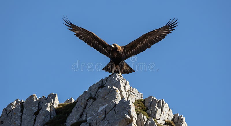 Águila dorada encaramada sobre una roca escarpada y escarpada alas. ilustración del vector
