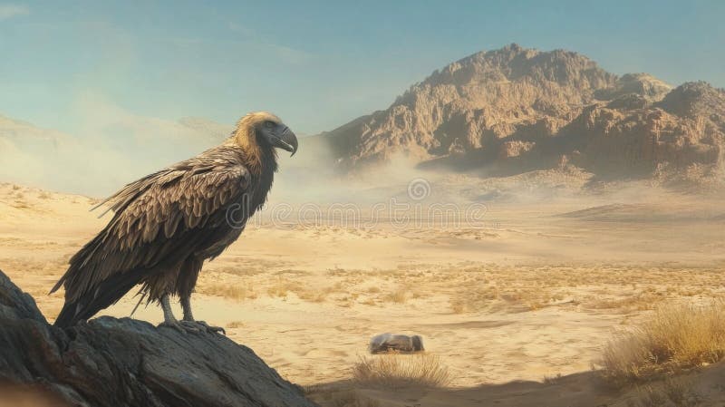 Águila encaramada en la roca en el paisaje de las montañas del desierto stock de ilustración