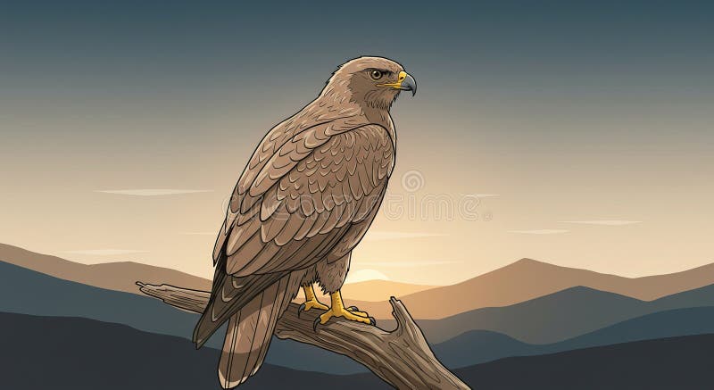 Águila encaramada en una sucursal con fondo de atardecer de montaña Ilustración arte ilustración del vector