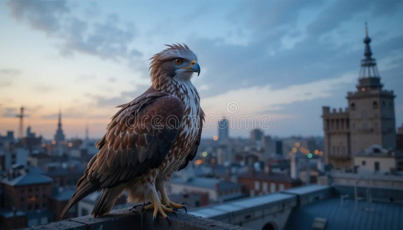 águila majestuosa encaramada en la azotea de la ciudad al atardecer impresionante fotografía de vida silvestre urbana ilustración del vector