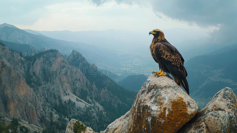águila majestuosa encaramada en la cima de una montaña stock de ilustración