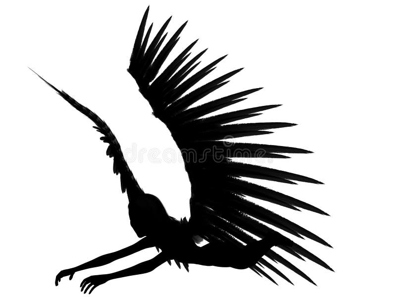 An 3D rendered angel silhouette with unfolded wings on white background. 45 degrees view. An 3D rendered angel silhouette with unfolded wings on white background. 45 degrees view.